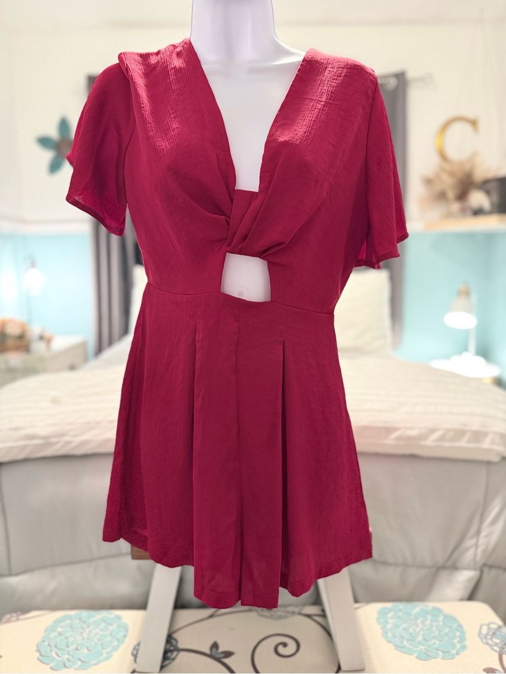 Knot-Front Burgundy Romper with Flutter Sleeves